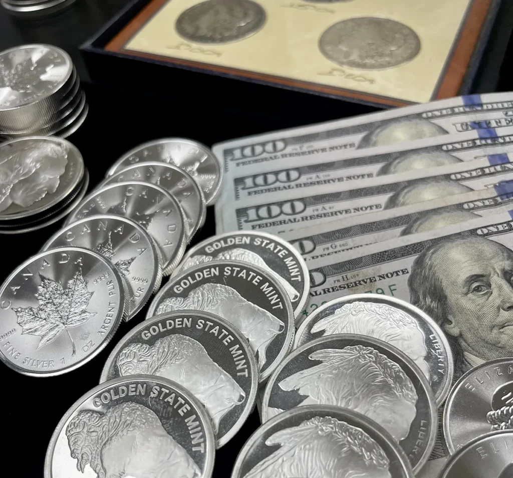 Coins and money laid out for display on table